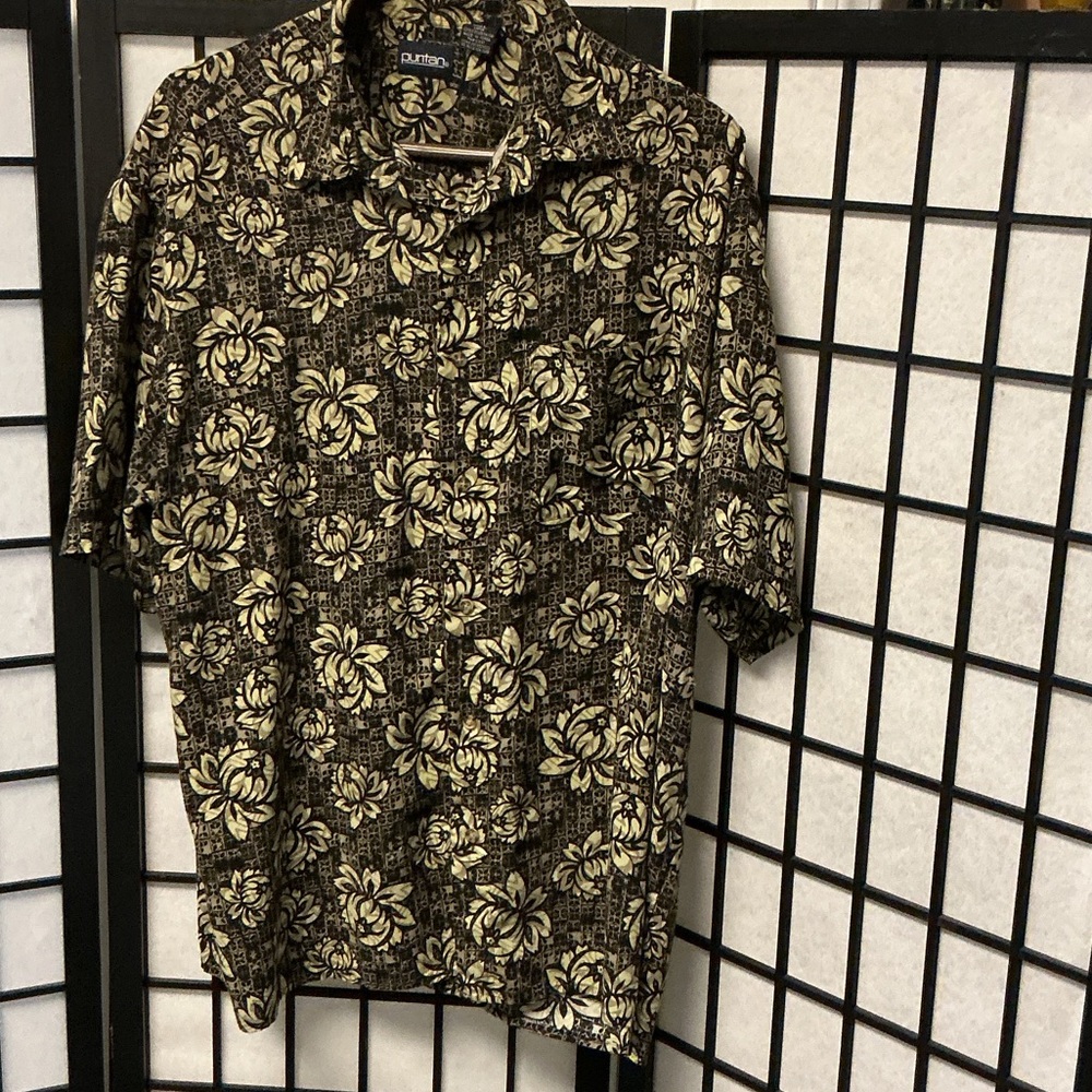 Puritan Men’s Short Sleeve Button-Down Shirt - Black & Cream Floral